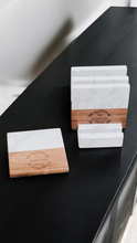 Load image into Gallery viewer, Personalized White Marble and Wood Coasters with base
