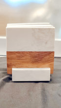 Load image into Gallery viewer, Personalized White Marble and Wood Coasters with base
