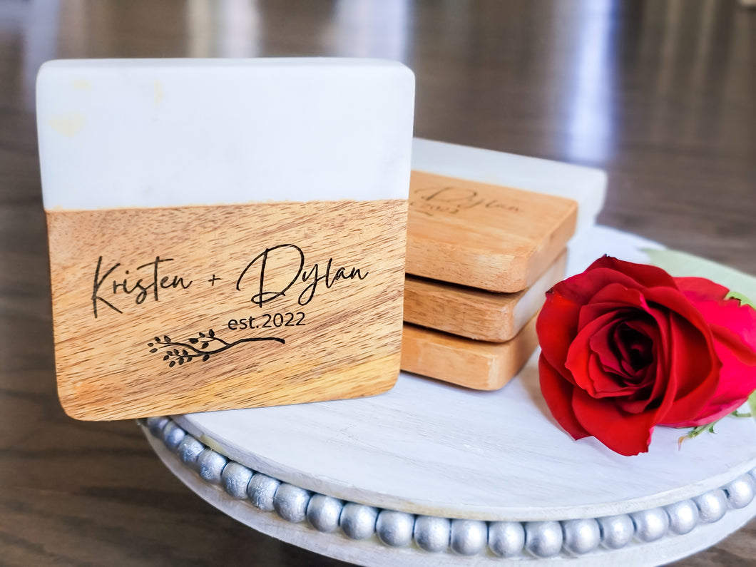 Personalized White Marble and Wood Coasters