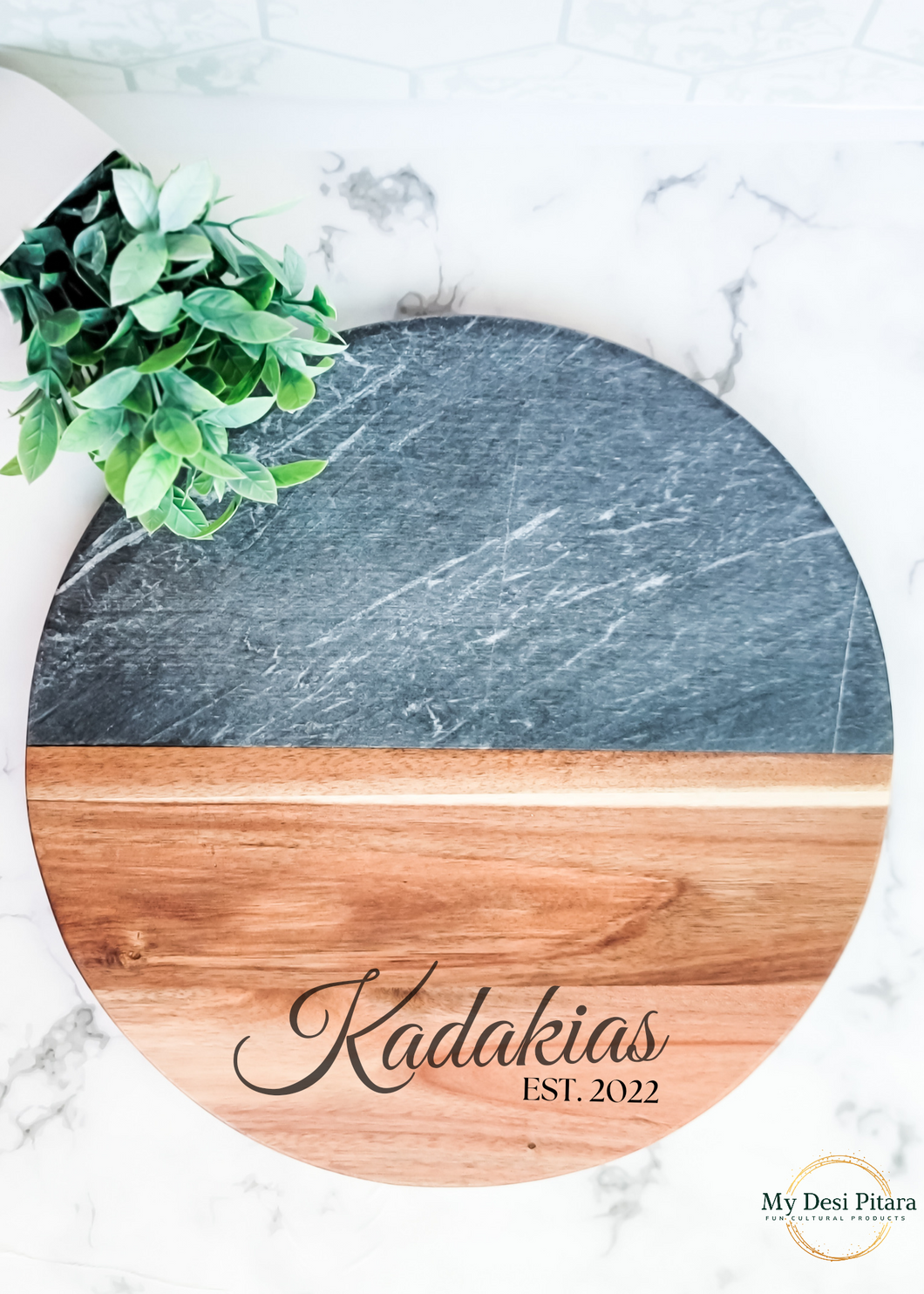 Round Black Marble Acacia Serving Board